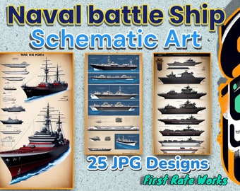 Battleship Blueprint Art - Navy Ship Schematic Map | Printable wall art digital download | Set of 25