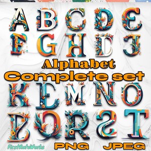 May include: Colorful alphabet letters with floral and geometric designs. Each letter is a unique illustration with vibrant colors and intricate details. The letters are arranged in two rows, with the word "Alphabet Complete Set" in the middle.