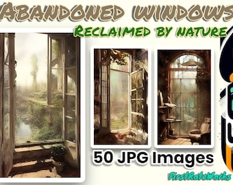 Abandoned Window Graphic AI Art Painting - Vista de la ventana industrial rústica reclamada por la naturaleza - 50 JPG Archivos de diseño de imagen de descarga digital