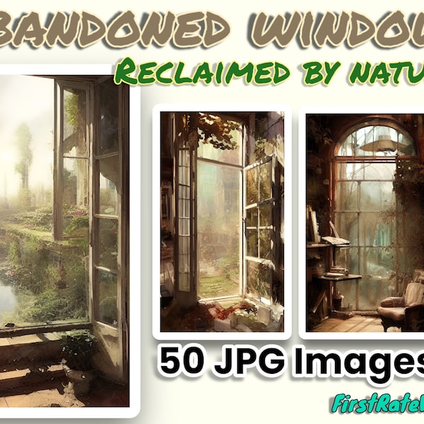 Abandoned Window Graphic AI Art Painting - View of Rustic Industrial Window Reclaimed by Nature - 50 JPG Digital Download Image Design Files