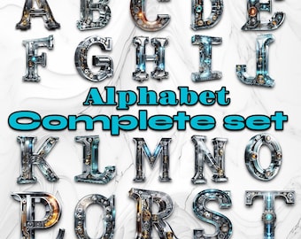Robot Mechanism Font Lettering - Complete Alphabet Set | Robot Gears Future Letter Design | Drop Caps - Set of PNG & JPEG Digital Downloads