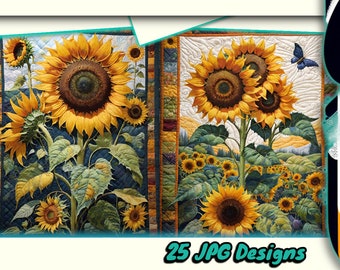 Sunflower Quilt Patterns - Patchwork Nature Scenery - Floral Wall Art Digital Prints - Set of 25 Printable Downloads