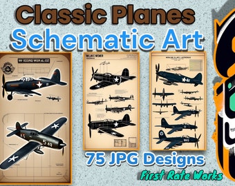 WW2 Plane Art Blueprint - Aviation Map Prints | Vintage schematic diagram | WWII fighters digital download - Set of 75