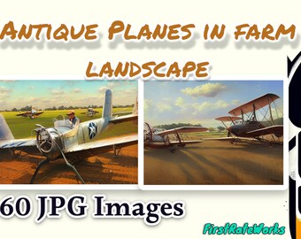 Antique Farm Plane Painting - Barnyard Landscape Art - Vintage Airplane In Field - Agriculture & Aviation Illustration - Set of 60 Images