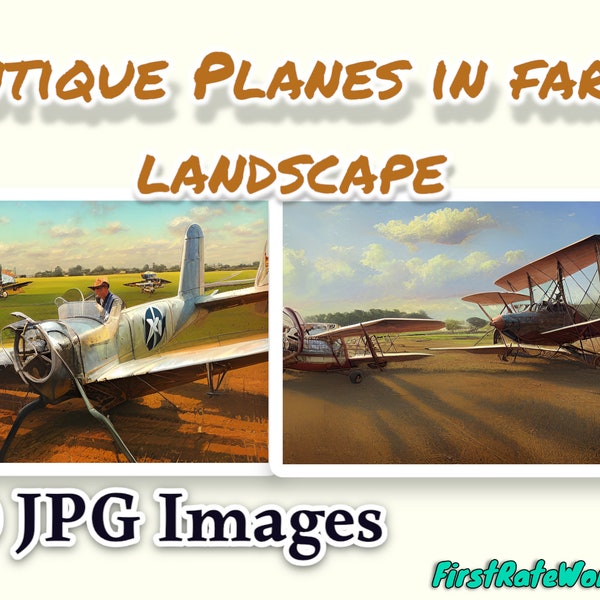 Peinture ancienne d'avion de ferme - Art du paysage de basse-cour - avion vintage sur le terrain - Illustration de l'agriculture et de l'aviation - lot de 60 images