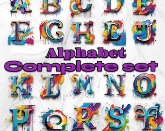 Graffiti Paint Font Lettering - Complete Alphabet Set | Paint Splash Art | Drop Cap Text - Set of PNG and JPEG Digital Downloads