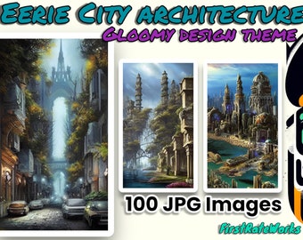 Gloomy Weather Cityscape Painting - City Architecture Illustrations - Floral Aesthetic Art - Set of 100 Digital Downloads