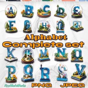 Diseño de letras tipográficas para dioramas: conjunto completo de letras del alfabeto, letras con escenas de bolas de nieve y letras capitulares: conjunto de descargas digitales PNG y JPEG