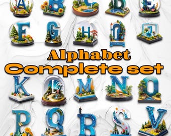 Diorama Font Lettering Design - Complete Alphabet Set | Snow Globe Scene Letters | Drop Caps - Set of PNG & JPEG Digital Downloads