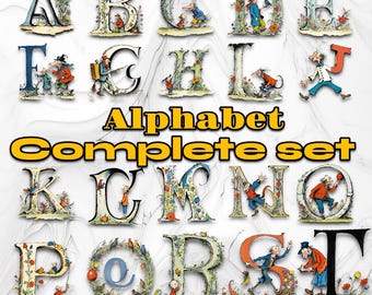 Cartoon Doodle Font Lettering - Complete Alphabet Set | Doodle Art People | Drop Cap Text - Set of PNG and JPEG Digital Downloads