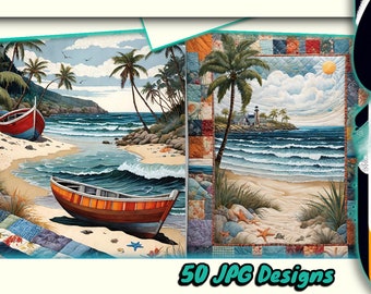 Beach Quilt Patterns - Patchwork Ocean Scenery - Coastal Wall Art Digital Prints - Set of 50 Printable Downloads