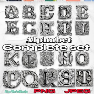 Old English Font Lettering - Complete Alphabet Set | Intricate Black & White | Drop Cap Script Text - Set of PNG and JPEG Digital Downloads