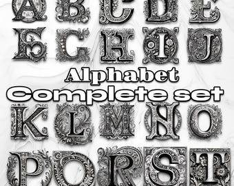 Old English Font Lettering - Complete Alphabet Set | Intricate Black & White | Drop Cap Script Text - Set of PNG and JPEG Digital Downloads