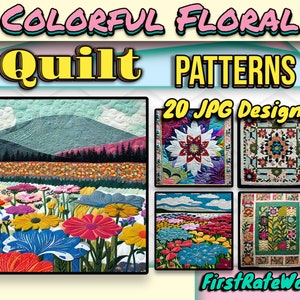 以下が含まれることがあります： JPG形式のカラフルな花のキルトパターン20個。パターンには、花が咲く山の風景、スターバーストデザイン、花の正方形デザイン、花の庭園デザインなど、さまざまな花のデザインが特徴です。