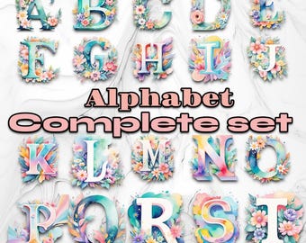 Pastel Floral Font Lettering - Complete Alphabet Set | Pastel Design Watercolor Letters | Drop Caps - Set of PNG & JPEG Digital Downloads