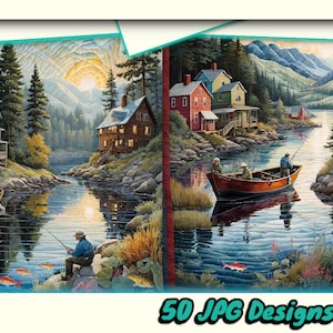 Może przedstawiać: Malowidło przedstawiające spokojną scenę nad jeziorem z domami na brzegu i ludźmi łowiącymi ryby z łodzi. Jezioro jest otoczone drzewami i górami. Niebo jest jasnoniebieskie z złotym zachodem słońca w oddali.