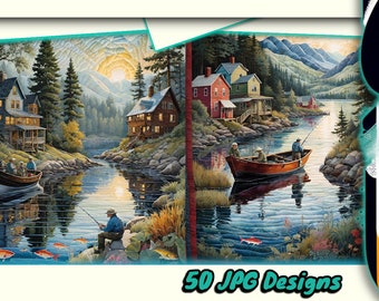 Fishing Quilt Patterns - Patchwork Coastal Scenery - Fisherman Landscape Wall Art Digital Prints - Set of 50 Printable Downloads