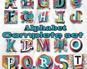 Retro Poster Font Lettering - Complete Alphabet Set | Colorful Letters Art | Drop Cap Text - Set of PNG and JPEG Digital Downloads