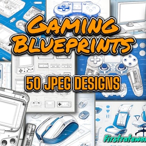 Peut inclure: Un collage de 50 illustrations de style plan de dispositifs de jeu, y compris des contrôleurs, des consoles et des claviers. Le texte "GAMING BLUEPRINTS 50 JPEG DESIGNS" est en grandes lettres orange sur fond blanc. Le texte "Firstrateworks" est en lettres blanches sur fond bleu.