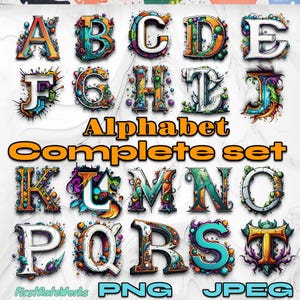 May include: A colorful alphabet set with each letter decorated with intricate designs and patterns. The letters are in a white background with a light gray texture. The text "Alphabet Complete Set" is in orange and white.