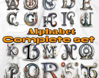 Spooky Doodle Font Lettering - Complete Alphabet Set | Gothic Art Letters | Drop Cap Script Text - Set of PNG and JPEG Digital Downloads