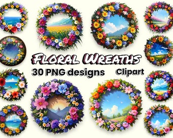 Watercolor Wreath - Instant download 30 PNG Designs | Floral Wreaths Clipart | Landscape Flower Painting