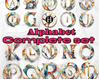 Stained Glass Font Lettering - Complete Alphabet Set | 24k Gold Accents | Drop Cap Text Letters - Set of PNG and JPEG Digital Downloads