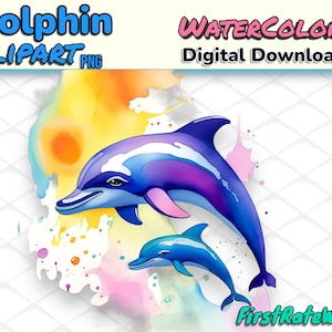 Watercolor Dolphin Clipart - Dolphin PNG Digital Download | Vibrant Watercolor Art