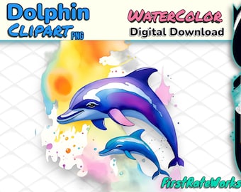 Watercolor Dolphin Clipart - Dolphin PNG Digital Download | Vibrant Watercolor Art