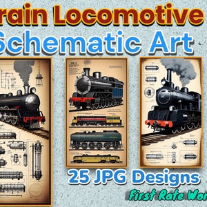 Antiker Zug - Lokomotive Kunst | Druckbare Blueprint-Muster | Dampfzug | Vintage Eisenbahn Karte - Set von 25 Digitale Downloads