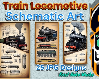 Antiker Zug - Lokomotive Kunst | Druckbare Blueprint-Muster | Dampfzug | Vintage Eisenbahn Karte - Set von 25 Digitale Downloads