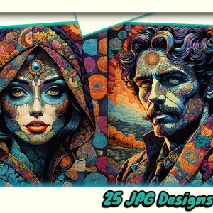 May include: Two colorful portraits of people with intricate designs and patterns on their faces and clothing. The woman is wearing a blue and red hooded cloak, and the man has a mustache and beard. The background is a colorful mosaic of flowers and swirls.