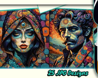 Vibrant Psychedelic Quilt Patterns - Patchwork Quilt Portraits - Colorful Hippie Wall Art Digital Prints - Set of 25 Printable Downloads
