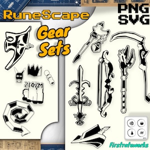 Può includere: Illustrazioni digitali in bianco e nero di vari set di equipaggiamento di RuneScape, tra cui una spada, un arco, uno scettro e altri oggetti. Il testo "RuneScape Gear Sets" è in giallo e nero.