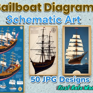 Sailboat Schematic Blueprint Art - Antique Boat Diagram | Ship Map | Printable Wall Art - Set of 50 Digital Downloads