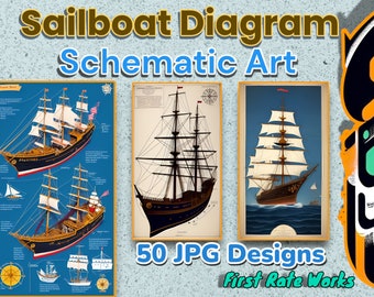 Sailboat Schematic Blueprint Art - Antique Boat Diagram | Ship Map | Printable Wall Art - Set of 50 Digital Downloads