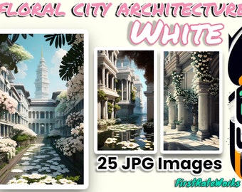 White Flower City Streets | Urban Floral Lily Painting | City Architecture | Vibrant Nature Landscape Prints - Set of 25 Digital Downloads