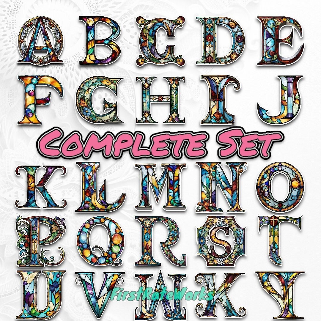 Stained Glass Font Lettering - Complete Alphabet Set | Decorative Stained Glass Typeface | Vibrant Text - Set of 26 Digital Downloads