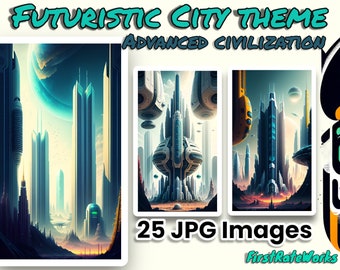 Geavanceerde beschaving grafische kunst | Futuristische stadsarchitectuur | Technologisch geavanceerd landschap - Set van 25 digitale downloads