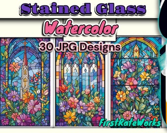 Watercolor Stained Glass Window Pattern | Cathedral Watercolor Art | Stained Glass Patterns | Set of 30 Digital Downloads