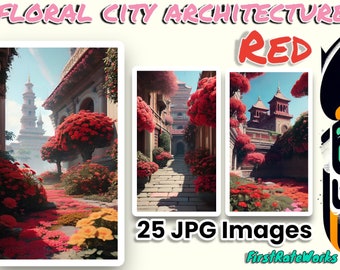 Red Flower City Streets | Urban Floral Rose Painting | City Architecture Art | Vibrant Nature Landscape Prints - Set of 25 Digital Downloads
