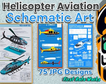 Helikopter blauwdruk kunst - schematische luchtvaartkaart | Afdrukbare muurkunst | Set van 25 digitale downloads