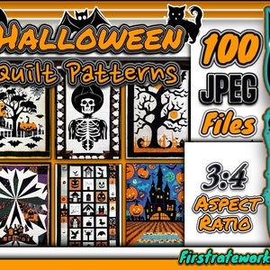 May include: A digital download of 100 Halloween quilt patterns in JPEG format. The patterns are in black and white and feature various Halloween themes, including skeletons, pumpkins, bats, and haunted houses. The image shows a selection of the patterns, with a 3:4 aspect ratio.