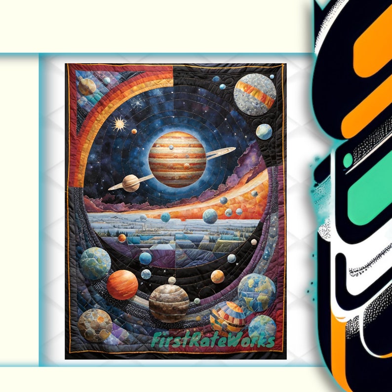 Op de afbeelding: Een kleurrijk, gestikt wandkleed dat een gestileerd zonnestelsel voorstelt met planeten, sterren en een draaiende nevel. De planeten zijn weergegeven in tinten blauw, oranje, rood en bruin, met een prominente planeet met ringen in het midden. De achtergrond is donkerblauw met draaiende patronen van licht en donker.