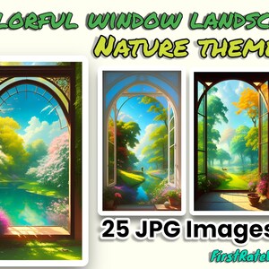 May include: A digital illustration of three windows with different views of a colorful landscape. Each window has a different scene, including a river, trees, and a blue sky with clouds. The text "25 JPG Images" is below the windows.