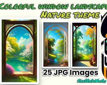 Vibrant Nature Landscape - Open Window Painting - Colorful Scenery Window View - Set of 25 Digital Downloads