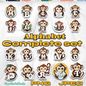 May include: A complete alphabet set featuring cartoon monkeys holding letters. Each sticker is brown with a white border. The text "Alphabet Complete Set" is in gold. The image also includes "PNG" and "JPEG" text.