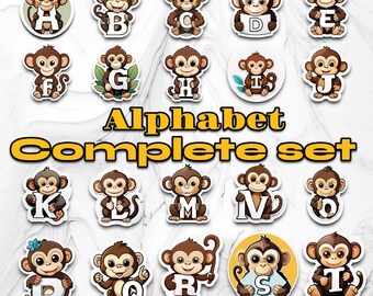 Complete Monkey Theme Alphabet Font Set | Baby Monkeys Holding Letters A-Z | Cartoon Teaching Tools - JPEG and PNG Digital Downloads