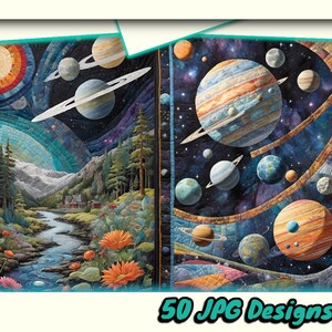 以下が含まれることがあります： 惑星と星が輝く夜空と、川、木々、小さな家のある風景を描いたカラフルなキルトのデザイン。キルトは様々な生地と質感で構成されており、ユニークで幻想的なデザインを生み出しています。