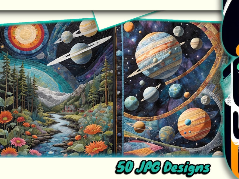 Op de afbeelding: Een kleurrijk quiltontwerp met een nachtelijke hemel met planeten en sterren, en een landschap met een rivier, bomen en een klein huis. De quilt is gemaakt van verschillende stoffen en texturen, waardoor een uniek en fantasierijk ontwerp ontstaat.